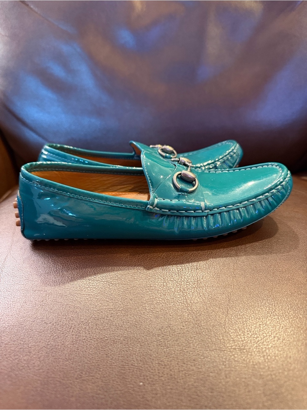 Gucci Teal Patent Leather Horsebit Loafers